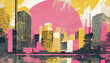 grunge pink and yellow collage poster with asian cityscape, anime style, different mixed textures