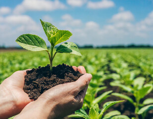 Wall Mural - Hands holding seedlings, Modern agriculture with technology concept