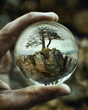 tiny world with rock and tree in a hand