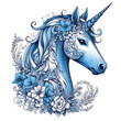 Abstract illustration of beautiful blue unicorn with floral decoration