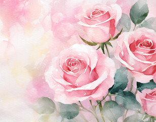 Wall Mural - Pastel pink roses on watercolor texture background. Flower wallpaper. Valentine's day backdrop. Vintage