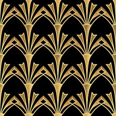 Wall Mural - Art deco fan shapes in elegant gold and black color, seamless