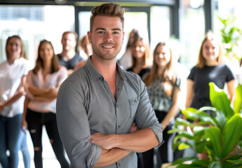 Poster - Happy young business man standing in front of his team with casual working together on project at office