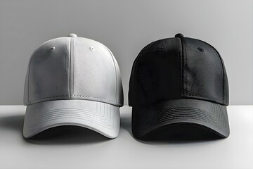 Wall Mural - Mockup Templates of White and Black Baseball Caps on White Background. Concept Mockup Templates, Baseball Caps, White Background, Black Caps