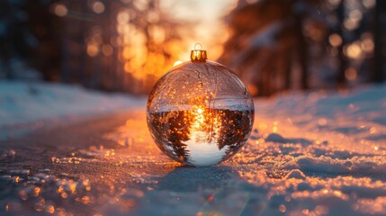 Canvas Print - A Christmas glass bauble reflecting a scenic road at sunset