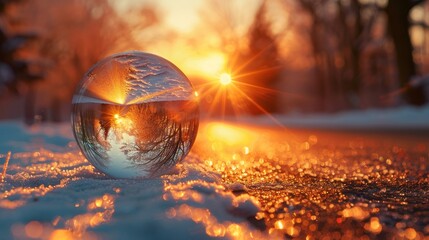 Wall Mural - A Christmas glass sphere reflecting a sunset-lit road with a blurred effect