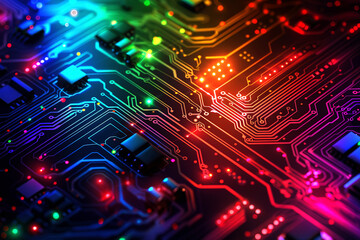 Colorful chipset technology Motherboard with neon lines and dots. Modern Chipset background