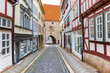 Narrow cobblestoned street in the historic center of Muhlhausen, Germany