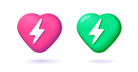 Wall Mural - Electric heart with lightning thunderbolt 3d icon vector graphic, super power cardio energy charge symbol illustration, artificial cardiac hi efficiency medical tech sign green red set image clipart