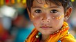 Enigmatic Asian Child Adorned in Traditional Festival Colors Blending Past and Present
