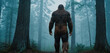 bigfoot in a forest in the wilderness walking between tall trees through the fog, mystical and scary, view from behind, back, back view, hairy monster, big monster in the deep dark forest