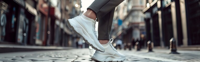 white woman sneakers on city street