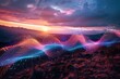 Color full of Sound wave shapes in natural landscape fiber optic lighting line on beautiful landscape sunset