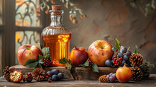 Autumn Still Life With A Vintage Bottle Of Cider, Fresh Apples, Berries, Pine Cones, And Leaves On A Rustic Wooden Table With A Warm, Cozy Backdrop.
