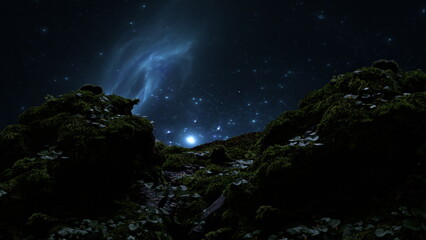 Wall Mural - ethereal cosmic phenomena illuminate the night sky above a mossy, forested landscape. 3d render