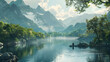 An individual fishes in the calm waters of a misty lake surrounded by lush greenery and majestic mountains at dawn.