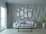 Fototapeta  - nowoczesny salon z dużą sofą i drewnianą ozdobną ścianą z lamelami i ramkami na ścianie