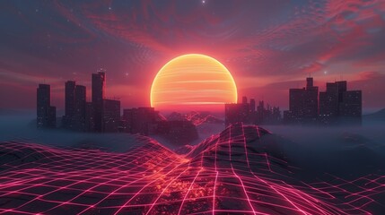 Wall Mural - An immersive 3D grid landscape with a neon sun casting a retro wave