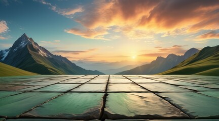 Sticker - Empty square floor and green mountain with sky clouds at sunset. Panoramic view, adorned with wispy clouds, forming a captivating panoramic tableau of nature's beauty