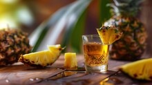 A Beautiful And Hyper Realistic Visual To Promote A Small Shooter Glass Of Rum Flavoured With Pineapple