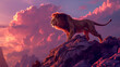 Leão no topo de uma montanha ao por do sol rosa 