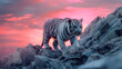 Filhote de tigre albino no topo de uma montanha ao por do sol rosa