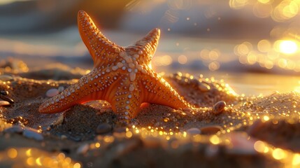 Wall Mural - Starfish 3d clay style crawling on the sand in summer beach