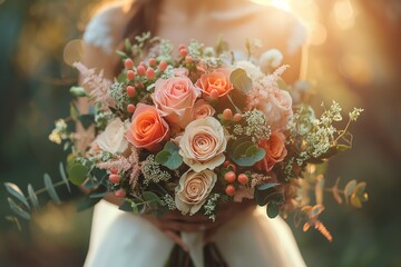 close up pink rose flower wedding posy bouquet holding by gorgeous bride in pretty gown , wedding ceremony theme concept, Generative Ai