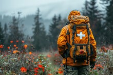 A Traveler In Outdoor Gear With A Prominent Orange Backpack Stands Amidst A Field Of Wildflowers Under A Hazy Sky