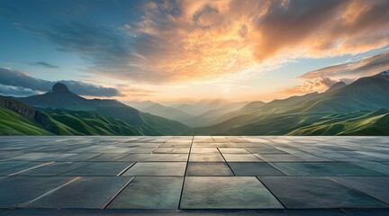 Sticker - Empty square floor and green mountain with sky clouds at sunset. Panoramic view, adorned with wispy clouds, forming a captivating panoramic tableau of nature's beauty