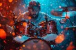 This high-energy image captures a musician playing drums with intense emotion during a live performance, while the stage light accentuates the action