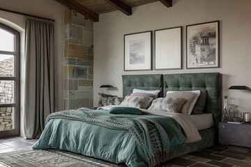 Wall Mural - Modern bedroom interior with king-size bed, elegant decor, and balcony view.