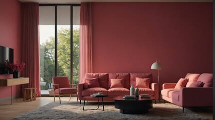 Wall Mural - hot pink theme accent color empty living room interior minimalist concept design with sofa with morning sunlight from Generative AI