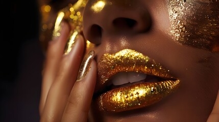 Wall Mural - closeup beauty art portrait fantastic golden professional makeup woman, lips skin hands with paint drops liquid gold. Fashion model sexy face goddess.