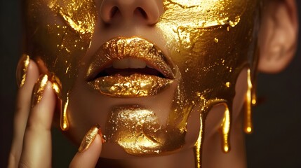 Wall Mural - closeup beauty art portrait fantastic golden professional makeup woman, lips skin hands with paint drops liquid gold. Fashion model sexy face goddess.