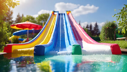 Large Inflatable Water Slide in Pool. Generative AI