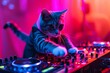 Cute cat DJ in neon colors wearing suit in a nightclub at a party against blurred neon background