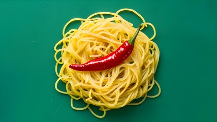 Wall Mural - Spaghetti Twist with a Chili Kick on Emerald. Concept Recipes, Spaghetti, Twist, Chili, Emerald Green