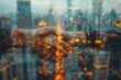 Two people shaking hands, superimposed on a cityscape, symbolizing business agreements or partnerships.