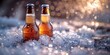 A pair of cold bottles of beer, frosted with condensation, awaits a refreshing sip.