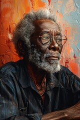 Wall Mural - Portrait of a thoughtful elderly man with glasses against a vibrant orange backdrop, depicting wisdom and contemplation.