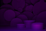 Fototapeta Mapy - Abstract scene for presentation cosmetic products mockup - three round cylinder podiums in dark purple violet glowing light, circles as geometric decor. Template for showing in rich luxury style.