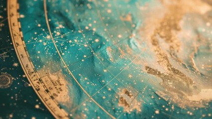 Wall Mural - close-up of a celestial map with intricate golden constellations against a deep blue and teal backgr
