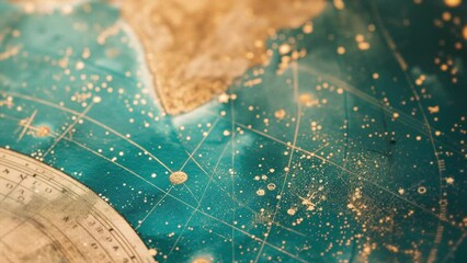 Wall Mural - abstract background in golden and turquoise blue, featuring a map of the sky with stars and the eart