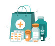 Pharmacy concept. Pills, supplements, capsules and other drugs and medications in bottles and blisters near shopping bag from drugstore. Vector illustration.