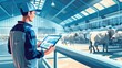 High-detail depiction of a dairy farmer consulting a digital tablet in a modern milking parlor