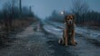 Photorealistic image of a forlorn dog sitting by an empty road at dusk its eyes reflecting a deep longing. The surrounding landscape is desolate