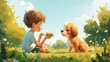 Stylized illustration of a heartwarming moment where a child gently offers a piece of their sandwich to a shy abandoned puppy in a park