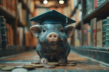Wall Mural - Black graduation hat piggy bank with coins on a university library background: Saving for the future. Concept Savings, Graduation, Piggy Bank, Coins, Education