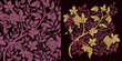 Traditional pattern with grape vine and rosehip branches with flowers. Set of seamless pattern and design element. Botanical background, vector illustration, freehand drawing.